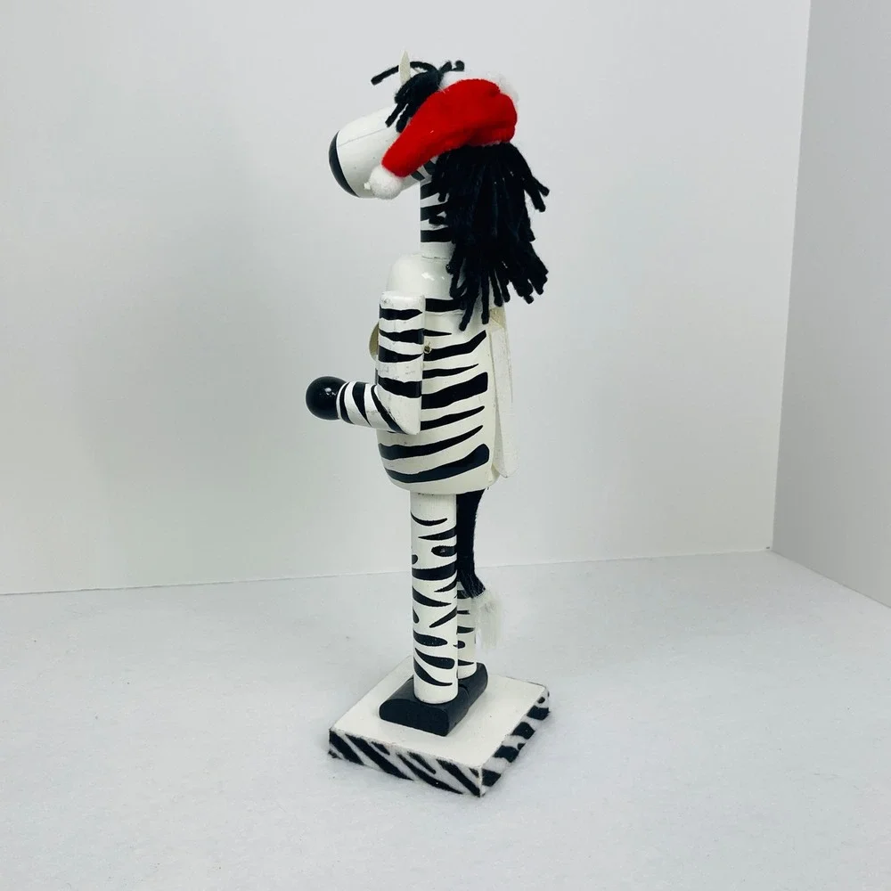Zebra Wooden Nutcracker Christmas Decor Safari Animal Santa Hat 12 Inch